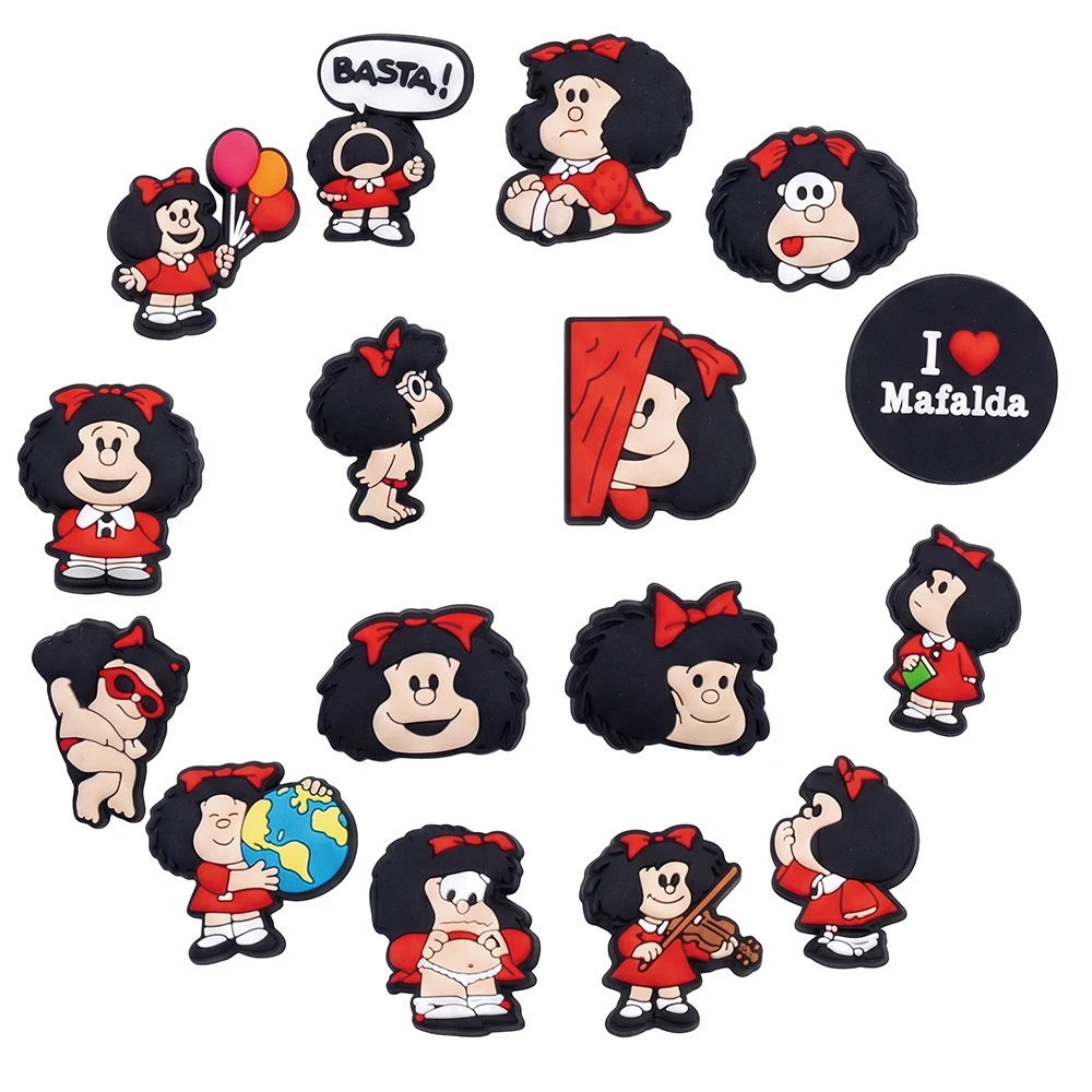 16-100pcs Mafalda Cartoon Girl Shoe Charms For Clogs Shoe Decoration Premium Quality Shoe Accessories for Great X-mas Gift
16-100pcs Mafalda Cartoon Girl Shoe Charms For Clogs Shoe Decoration Premium Quality Shoe Accessories for Great X-mas Gift