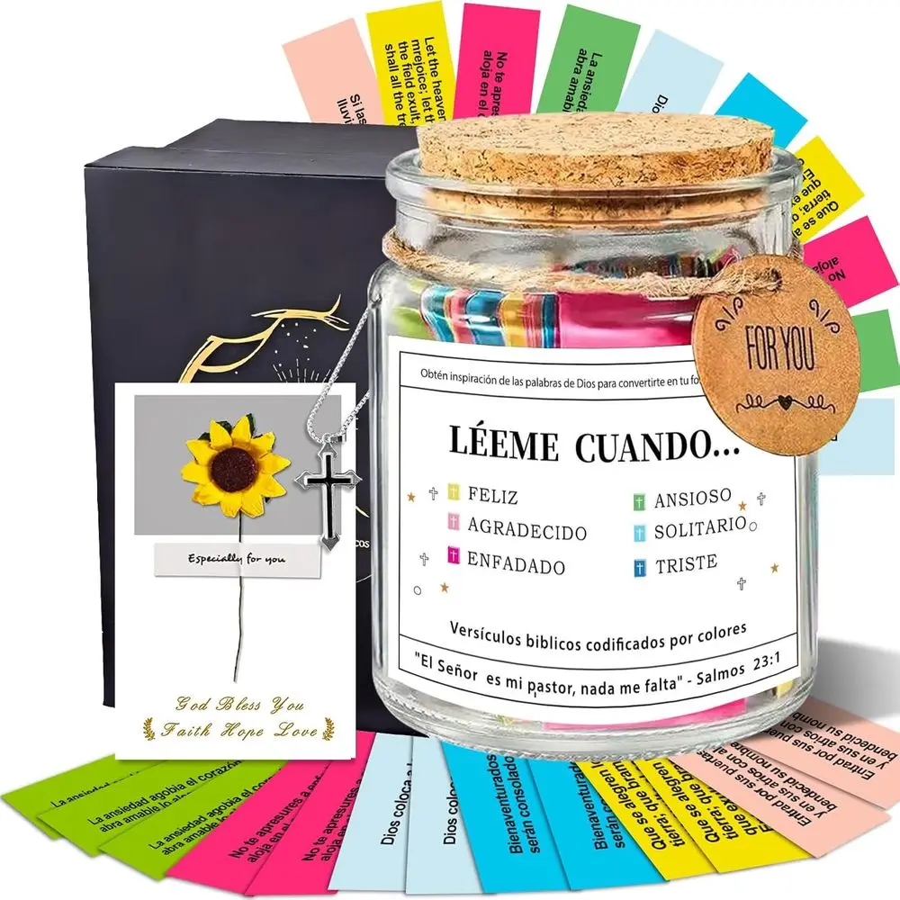 Spanish Bible Verse Jar - Scripture Prayers for Women with Handwritten Greeting Card
Spanish Bible Verse Jar - Scripture Prayers for Women with Handwritten Greeting Card