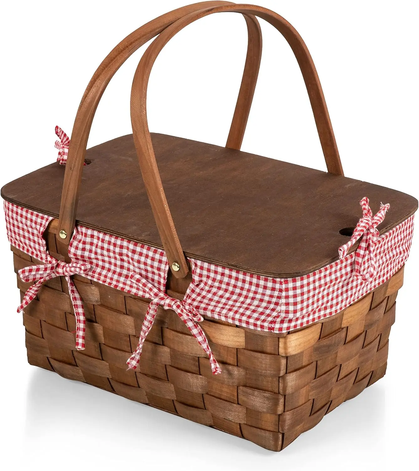 Handwoven Wood Picnic Basket with Tabletop Lid and Removable Gingham Liner, Red & White Checkered
Handwoven Wood Picnic Basket with Tabletop Lid and Removable Gingham Liner, Red & White Checkered