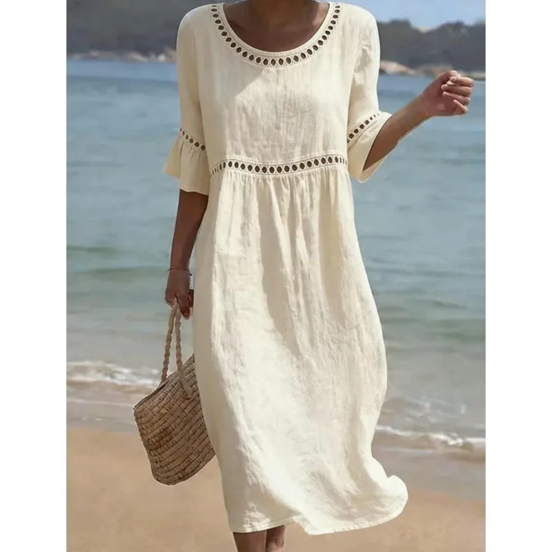 Casual Simple Style Women's Summer Dress Fashion Solid Color Hollowed Out Design Loose Dresses Elegant O-neck Vestidos For Lady
Casual Simple Style Women's Summer Dress Fashion Solid Color Hollowed Out Design Loose Dresses Elegant O-neck Vestidos For Lady