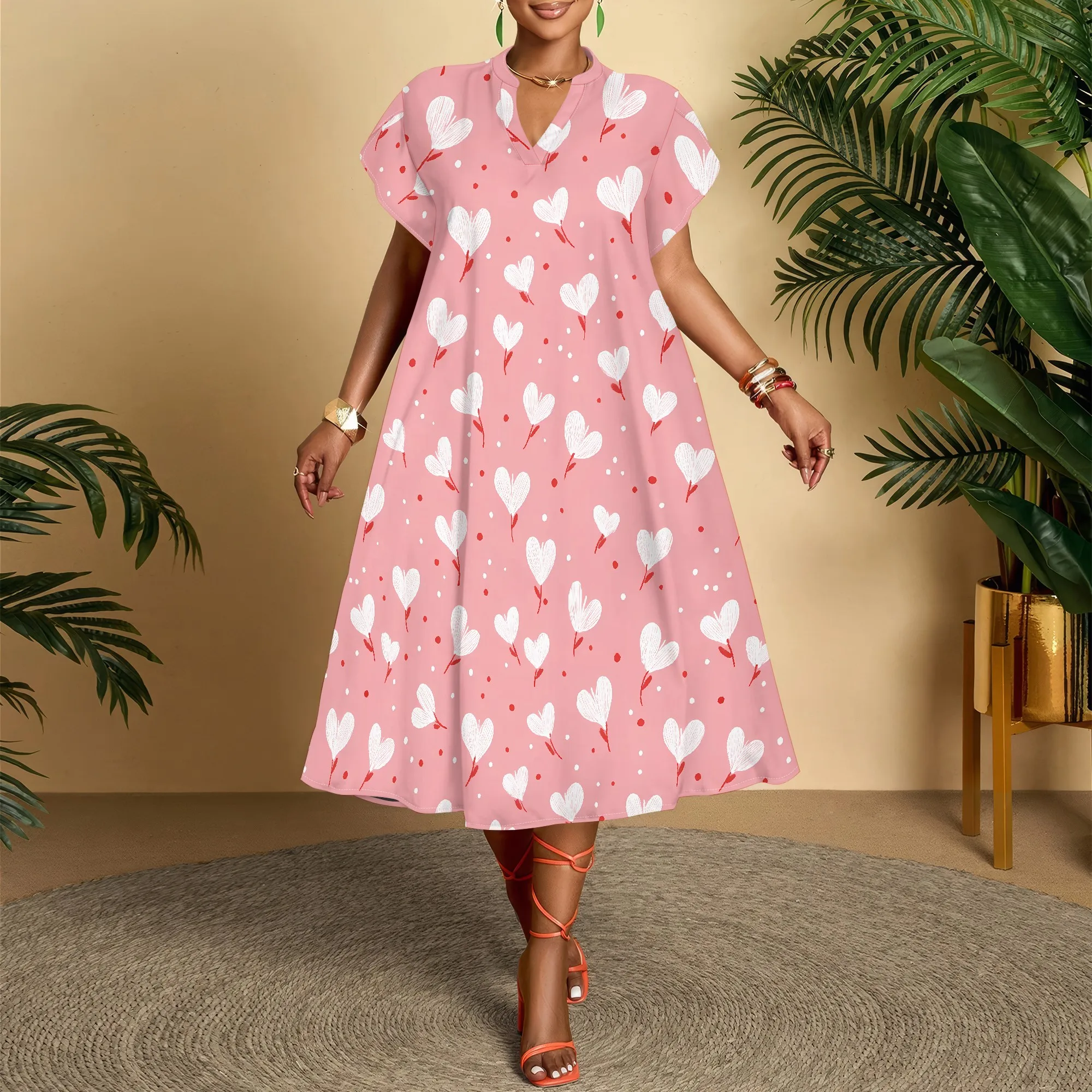 Pink Heart Print Dress, V Neck Short Sleeve Swing Midi Dress, Summer Casual Beach Party Outfit for Women, XS-3XL
Pink Heart Print Dress, V Neck Short Sleeve Swing Midi Dress, Summer Casual Beach Party Outfit for Women, XS-3XL