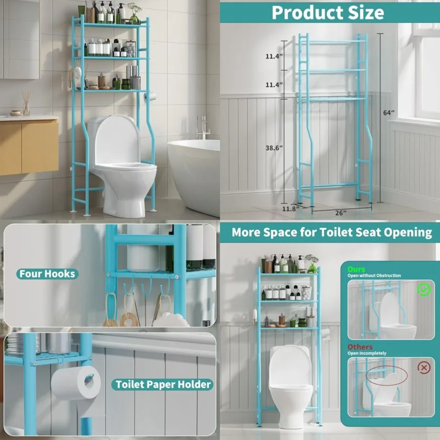 3-Tier Over The Toilet Storage Organizer, Space-Saving Bathroom Rack with Paper Holder and 4 Hooks, 64" Tall Freestanding Carbo
3-Tier Over The Toilet Storage Organizer, Space-Saving Bathroom Rack with Paper Holder and 4 Hooks, 64" Tall Freestanding Carbo