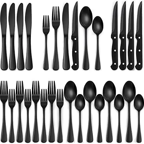 EWFEN 24-Pc Black Silverware Set for 4, Stainless Steel Flatware with Steak Knives, Mirror Finish
EWFEN 24-Pc Black Silverware Set for 4, Stainless Steel Flatware with Steak Knives, Mirror Finish
