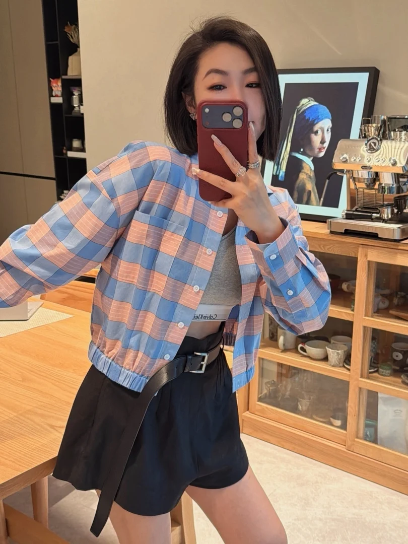 Spring Summer Blue Pink Plaid Elastic Cuff Long Sleeve Shirt Simple Fashionable Turn-down Collar Breathable Cotton Women's Top
Spring Summer Blue Pink Plaid Elastic Cuff Long Sleeve Shirt Simple Fashionable Turn-down Collar Breathable Cotton Women's Top