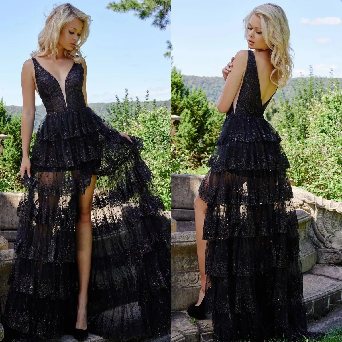 Glamorous Black Prom Dresses Lace Tiered Ruffle V Neck Women Evening Dresses Sexy Floor Length Customized Wedding Guest Gowns
Glamorous Black Prom Dresses Lace Tiered Ruffle V Neck Women Evening Dresses Sexy Floor Length Customized Wedding Guest Gowns