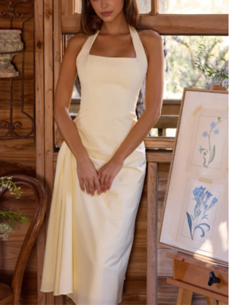 Women White Sleeveless Ruched Waist Midi Dress A Line Silhouette Halter Neck Elegant Vestidos Formal Party Summer Outfits
Women White Sleeveless Ruched Waist Midi Dress A Line Silhouette Halter Neck Elegant Vestidos Formal Party Summer Outfits