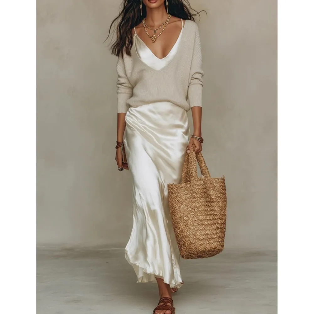 Spring Summer New Solid Color Satin Suspender Skirt And Knitted Top 2-piece Elegant Women's Slim Commuting Long Dress Set 2026
Spring Summer New Solid Color Satin Suspender Skirt And Knitted Top 2-piece Elegant Women's Slim Commuting Long Dress Set 2026