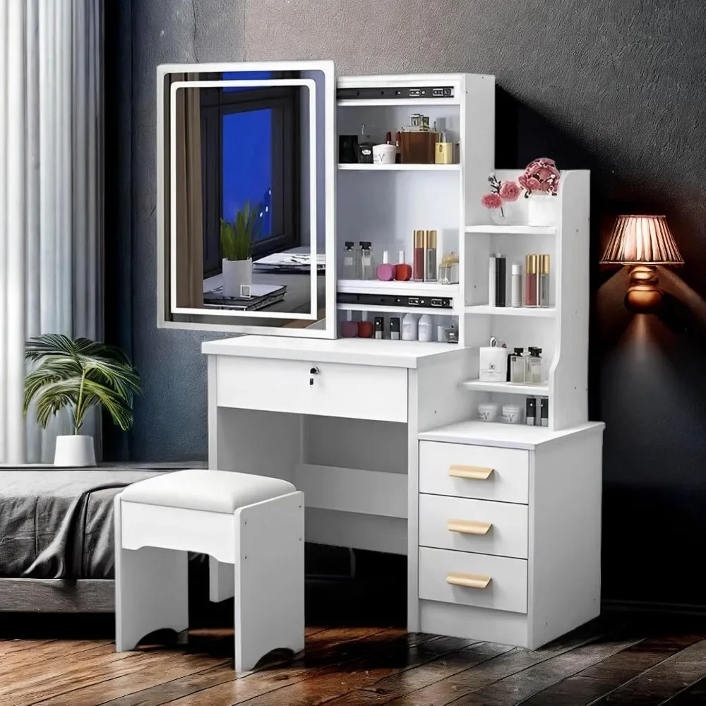 Modern Makeup Vanity with Mirror, Lights, Upholstered Stool, 4 Drawers & Shelves, Adjustable 3 Color Lighting
Modern Makeup Vanity with Mirror, Lights, Upholstered Stool, 4 Drawers & Shelves, Adjustable 3 Color Lighting