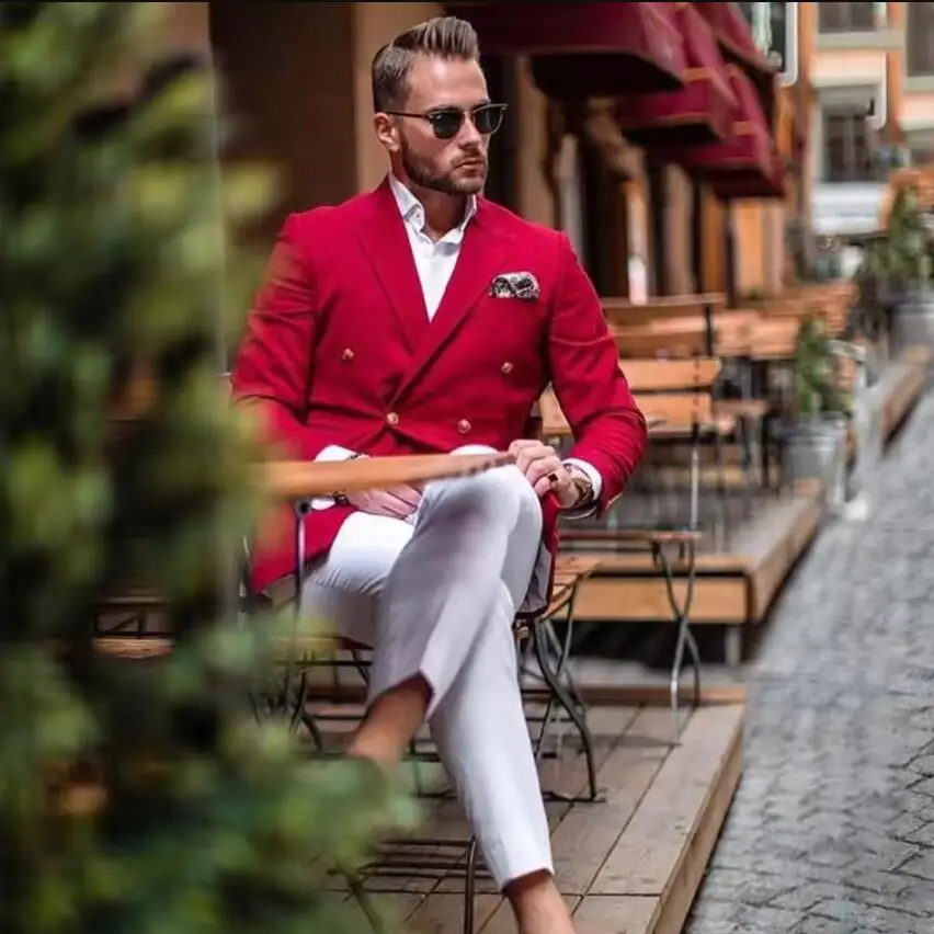New Elegant Men Suits Double Breasted 2 Piece Red Jacket White Pants Blazers Sets Slim Fit Male Formal Business Banquet Clothing
New Elegant Men Suits Double Breasted 2 Piece Red Jacket White Pants Blazers Sets Slim Fit Male Formal Business Banquet Clothing