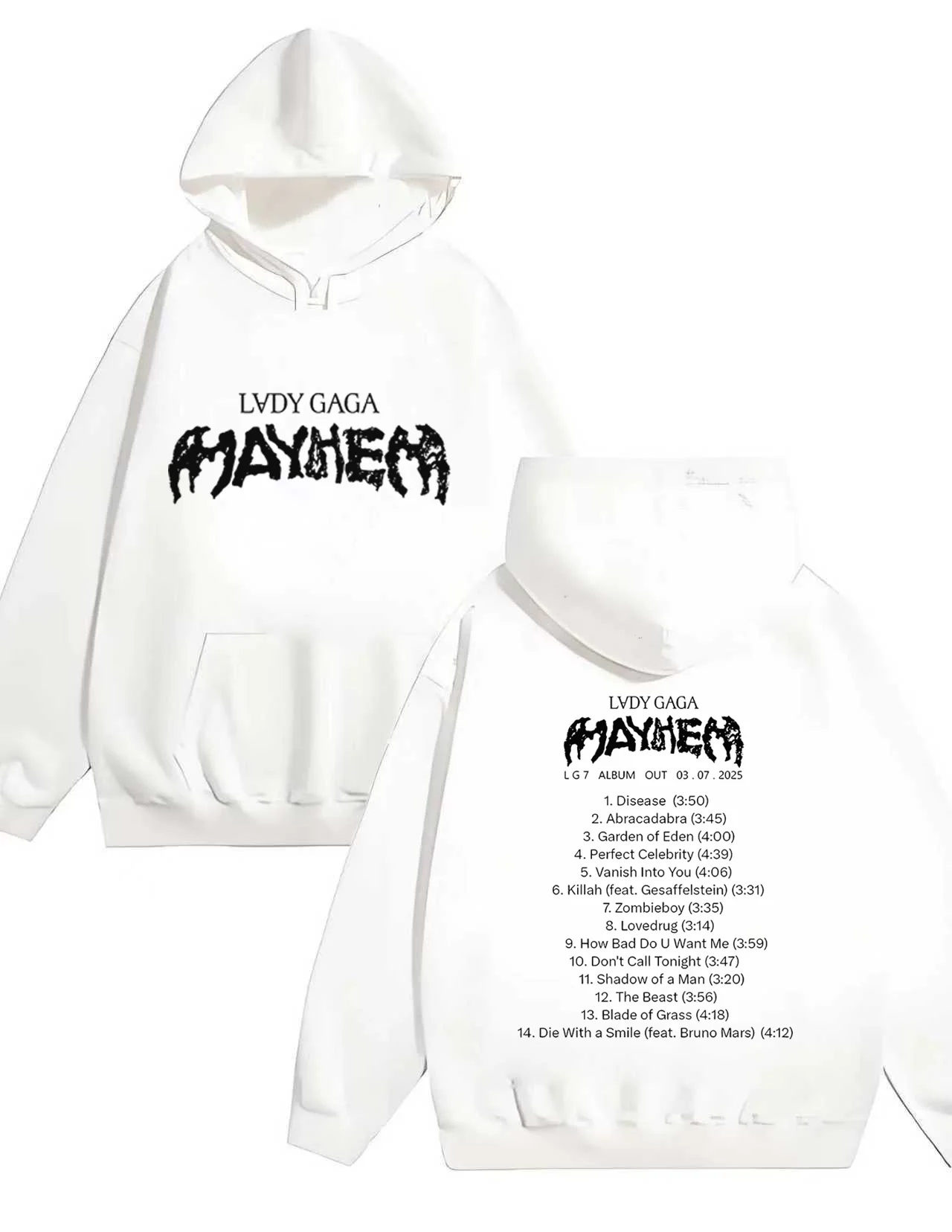 2025 Новая модная толстовка с капюшоном в тяжелом весе 330 г Lady Gaga Mayhem с принтом альбома и трекстеров, повседневная унисекс 
2025 Новая модная толстовка с капюшоном в тяжелом весе 330 г Lady Gaga Mayhem с принтом альбома и трекстеров, повседневная унисекс