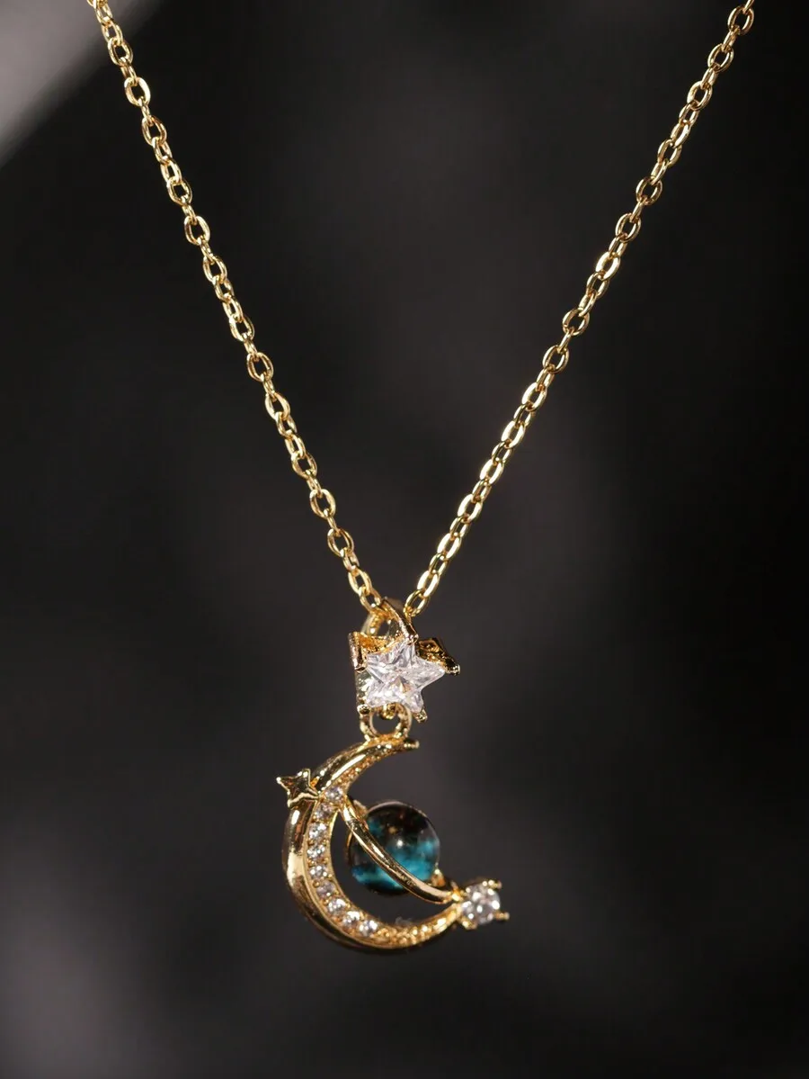 1pc Dreamy Planet Themed Gold-Tone Necklace With Moon And Earth Pendant Suitable For Women's Daily Wear
1pc Dreamy Planet Themed Gold-Tone Necklace With Moon And Earth Pendant Suitable For Women's Daily Wear