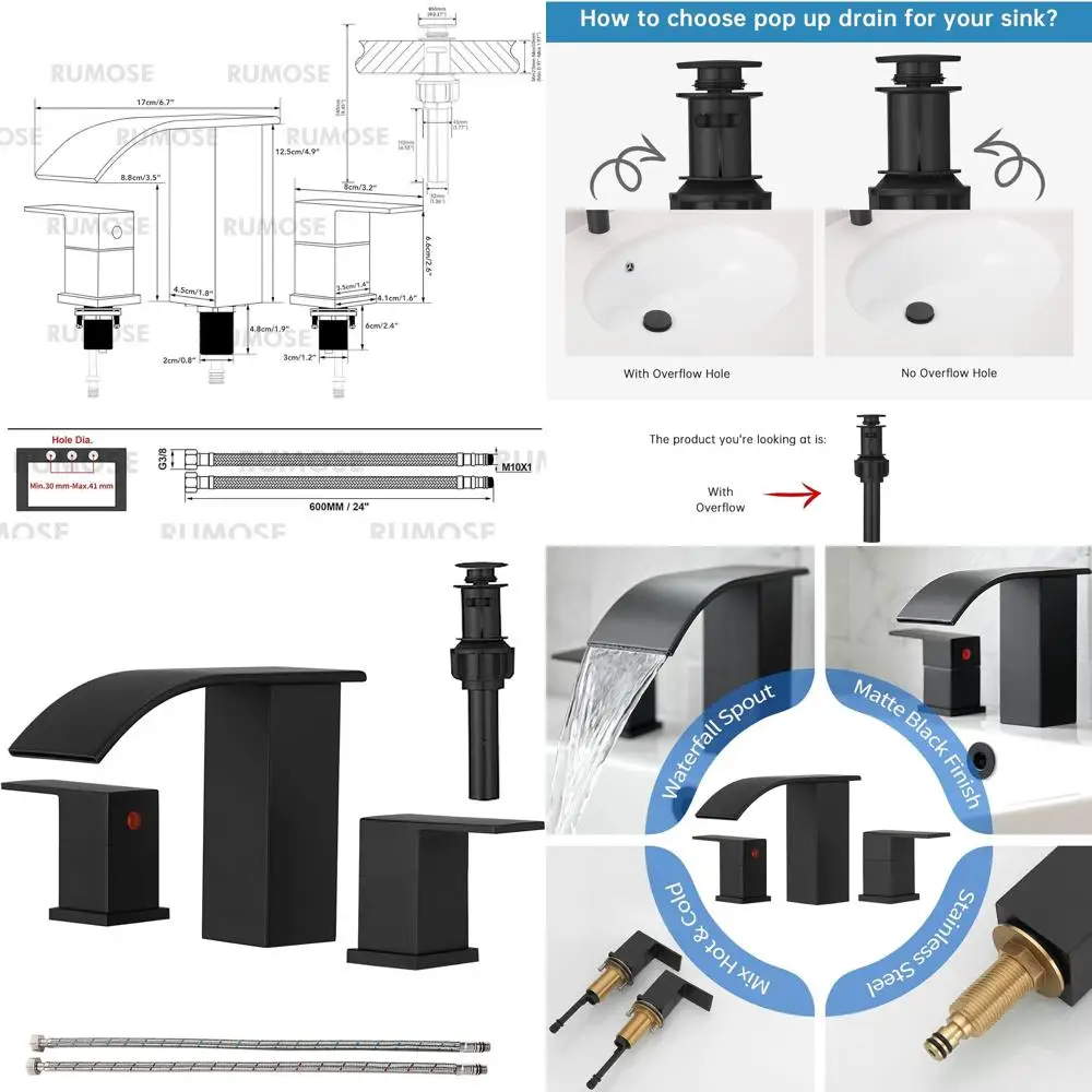 Matte Black 8 Widespread Bathroom Sink Faucet Set with 3 Holes, Pop-Up Drain, Stainless Steel Spout, Deck Mount
Matte Black 8 Widespread Bathroom Sink Faucet Set with 3 Holes, Pop-Up Drain, Stainless Steel Spout, Deck Mount
