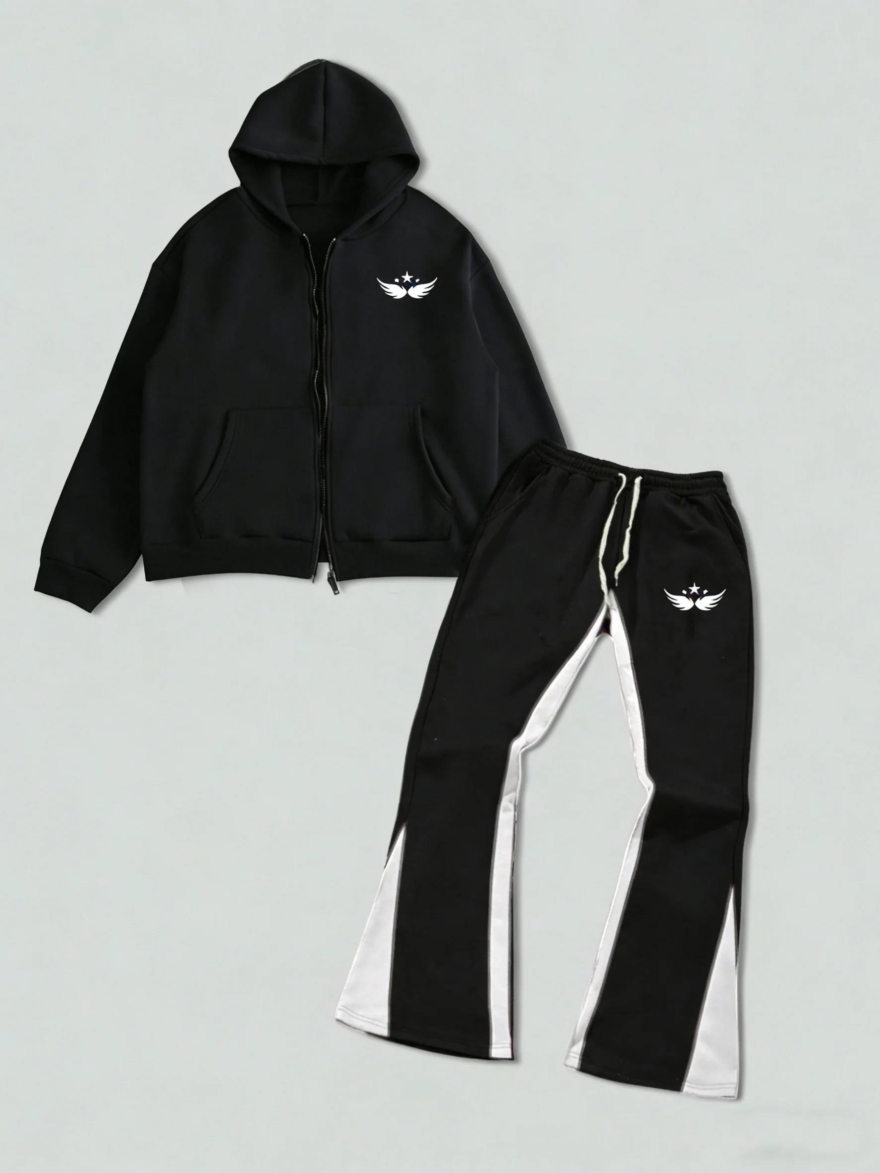 Men's Fashion Tracksuit, Black Zip-Up Hoodie & Drawstring Waist Flared Pants with Wing Star Graphic
Men's Fashion Tracksuit, Black Zip-Up Hoodie & Drawstring Waist Flared Pants with Wing Star Graphic