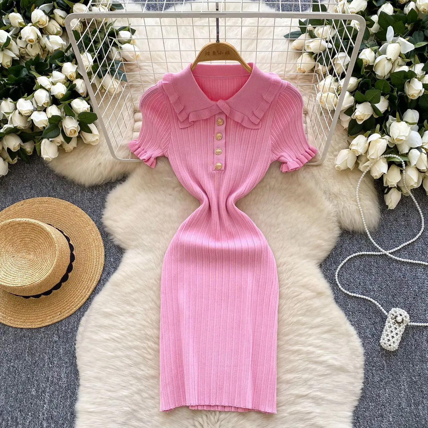 Vintage Turn-up Collar Short Sleeves Slim Knit Dress Women Summer Buttons Ruffles Mini Dress Bodycon Body-hugging Knit Dress
Vintage Turn-up Collar Short Sleeves Slim Knit Dress Women Summer Buttons Ruffles Mini Dress Bodycon Body-hugging Knit Dress
