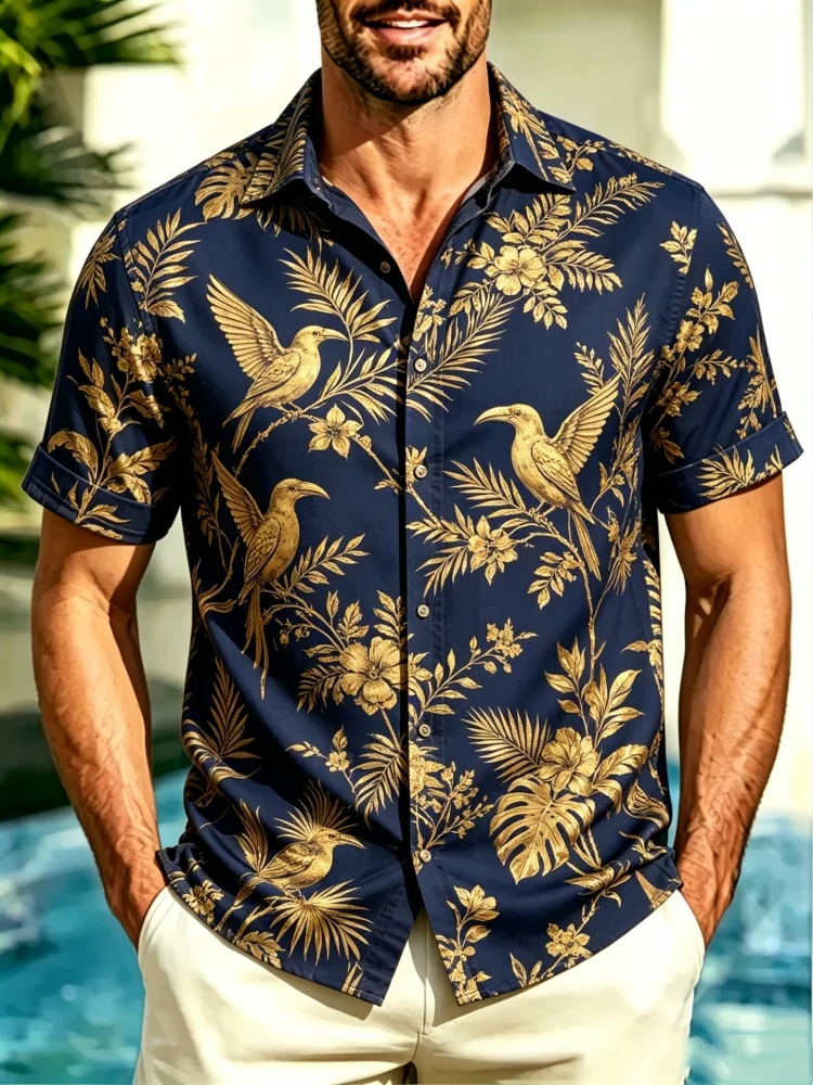 Men's Loose Comfort Short Sleeve Shirt, Navy Gold Hawaiian Style Bird & Leaf Pattern Casual Top, Beach Vacation Wear
Men's Loose Comfort Short Sleeve Shirt, Navy Gold Hawaiian Style Bird & Leaf Pattern Casual Top, Beach Vacation Wear