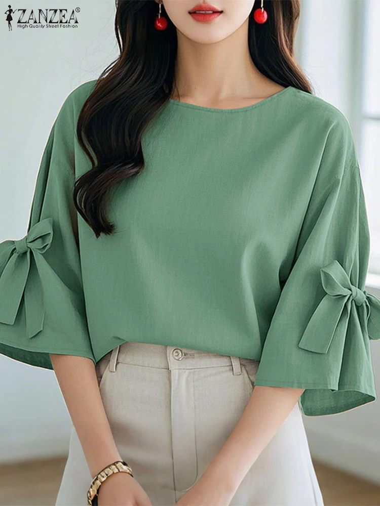 Лето 2024, офисная рабочая блузка ZANZEA, стильные женские топы, туника, однотонная праздничная рубашка с бантом, повседневная блузка с круглым вырезом и рукавами 3/4, большие размеры 
Лето 2024, офисная рабочая блузка ZANZEA, стильные женские топы, туника, однотонная праздничная рубашка с бантом, повседневная блузка с круглым вырезом и рукавами 3/4, большие размеры