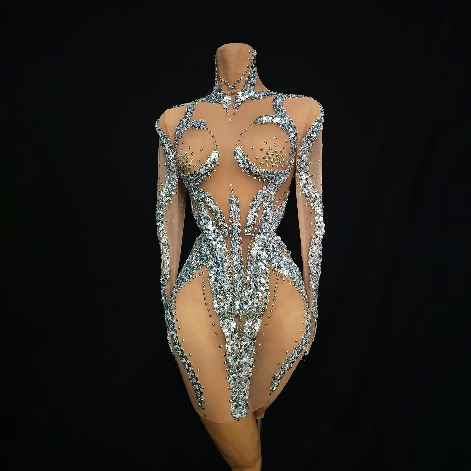 Seethrough Mesh Fabric Heavy Industry Silver Diamond Highneck Longsleeved Tight Dress Stage Performance Birthday Party Sexydress
Seethrough Mesh Fabric Heavy Industry Silver Diamond Highneck Longsleeved Tight Dress Stage Performance Birthday Party Sexydress