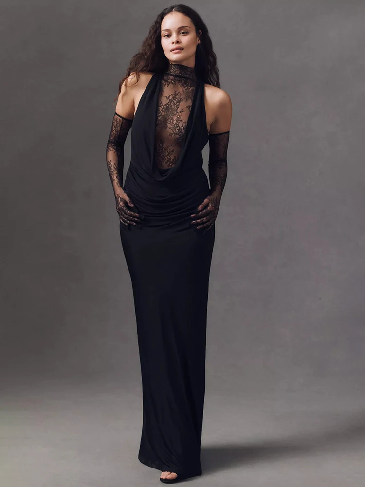 Elegant Black Lace Patchwork Folds Long Dress with Sheer Bodice & Long Lace Gloves Sleeveless Backless Evening Wear
Elegant Black Lace Patchwork Folds Long Dress with Sheer Bodice & Long Lace Gloves Sleeveless Backless Evening Wear