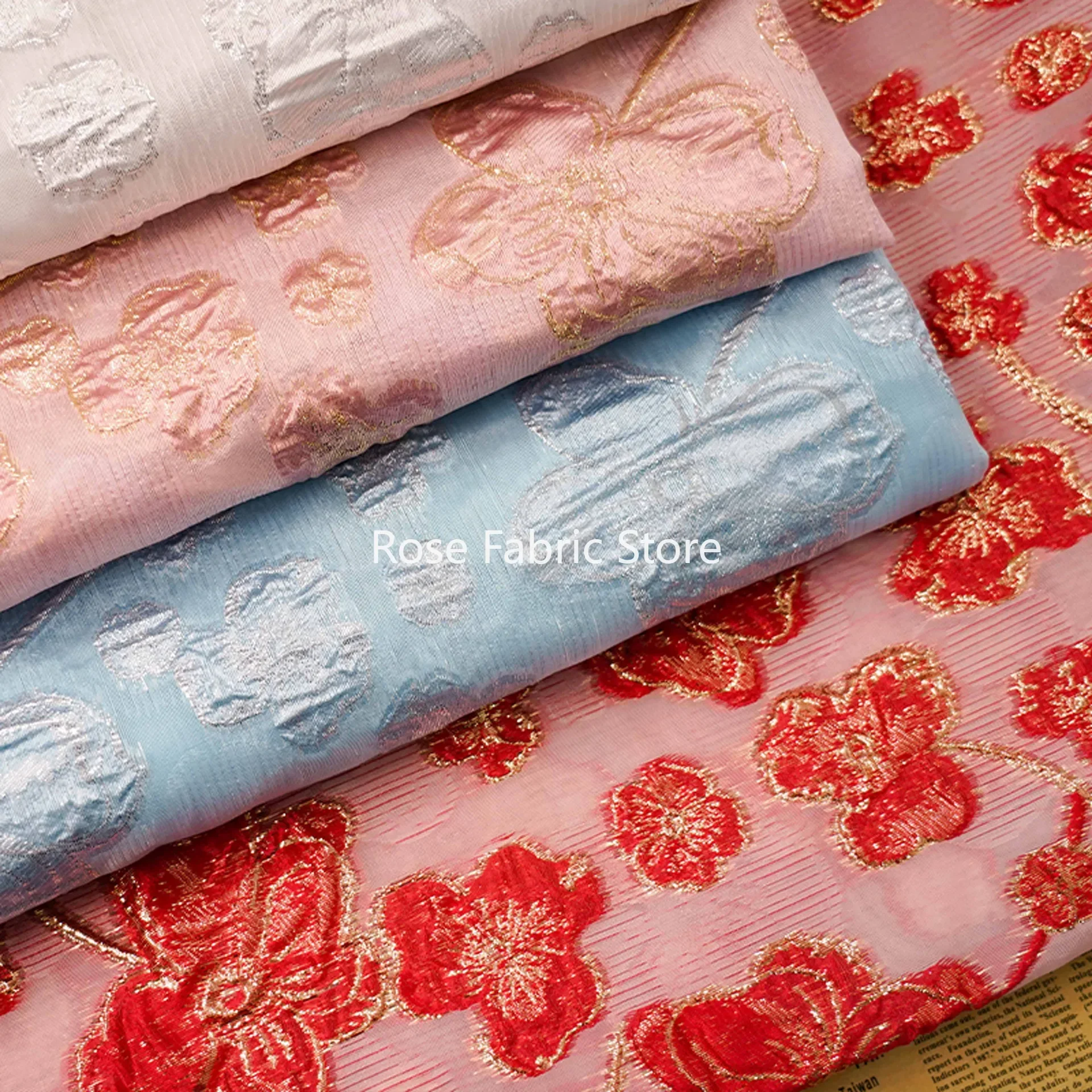 1-метровая золотая шелковая рельефная цветочная микропрозрачная жаккардовая ткань, модное платье, костюм, сумка для багажа, декоративная швейная ткань