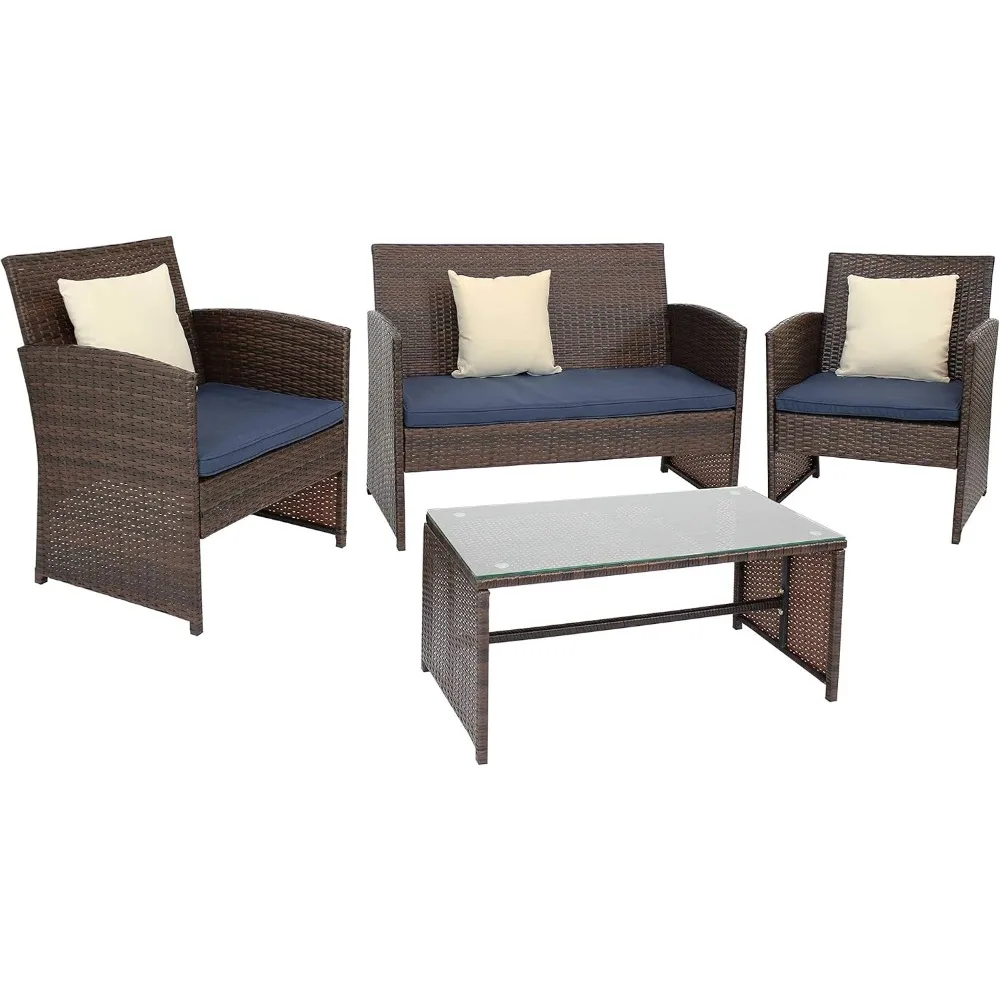 4-piece rattan outdoor furniture set with featured pillows - outdoor terrace, with navy blue cushions suitable for deck or porch
4-piece rattan outdoor furniture set with featured pillows - outdoor terrace, with navy blue cushions suitable for deck or porch