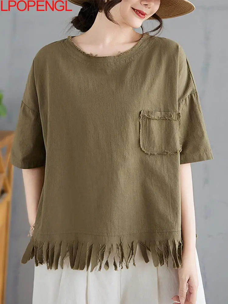 New Summer Fashion Short Sleeved Solid Color Round Neck Short Sleeved Casual Shirt Women Loose Versatile Pullover Distressed Top
New Summer Fashion Short Sleeved Solid Color Round Neck Short Sleeved Casual Shirt Women Loose Versatile Pullover Distressed Top