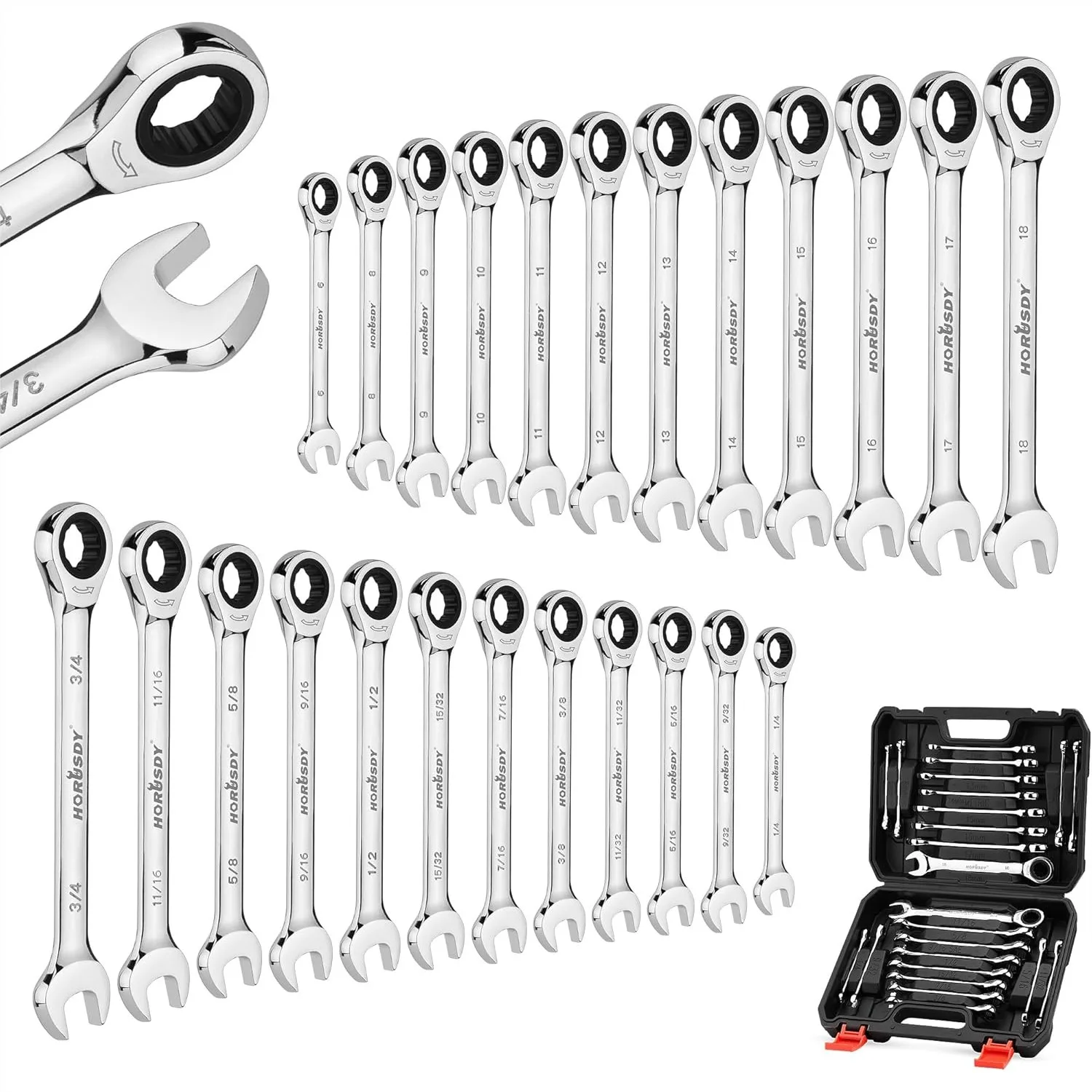 24-Piece Ratcheting Wrench Set, Metric & SAE Combination Wrenches with Organizer, 72-Tooth Chrome Vanadium Steel, 6-18mm & 1/4
24-Piece Ratcheting Wrench Set, Metric & SAE Combination Wrenches with Organizer, 72-Tooth Chrome Vanadium Steel, 6-18mm & 1/4