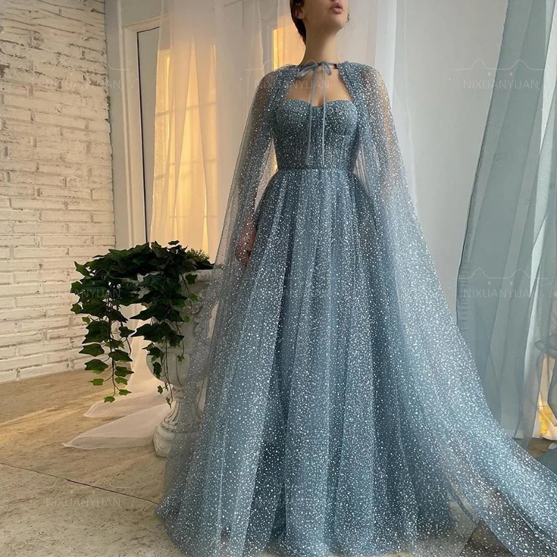 Spaghetti Strap Tulle Prom Dress with Long Cape Sweetheart A Line Floor Length Evening Party Gown robe de soirée femme
Spaghetti Strap Tulle Prom Dress with Long Cape Sweetheart A Line Floor Length Evening Party Gown robe de soirée femme