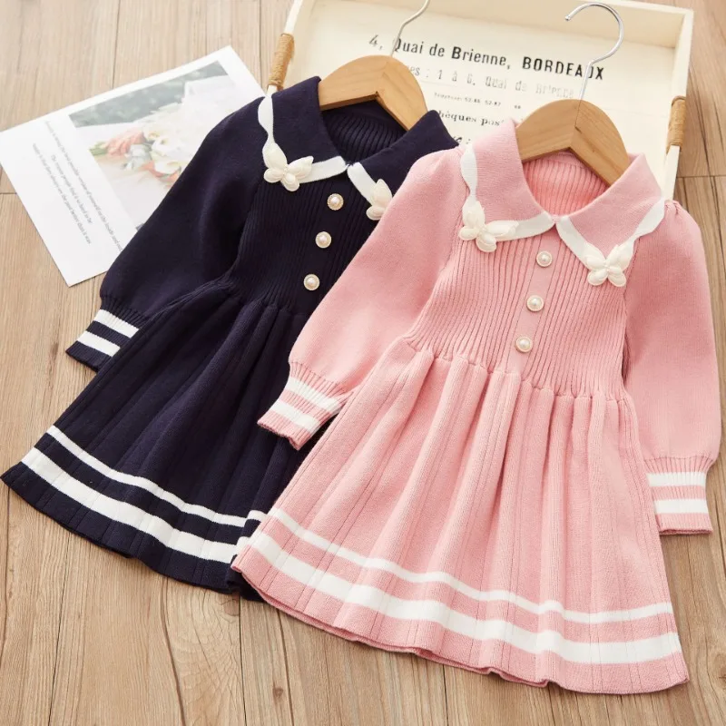 2-6 years Autumn/Winter Knitted Cute Dress Girl Striped Butterfly Applique Pearl Button Warm Sweater Long Sleeve Knitted Skirt
2-6 years Autumn/Winter Knitted Cute Dress Girl Striped Butterfly Applique Pearl Button Warm Sweater Long Sleeve Knitted Skirt