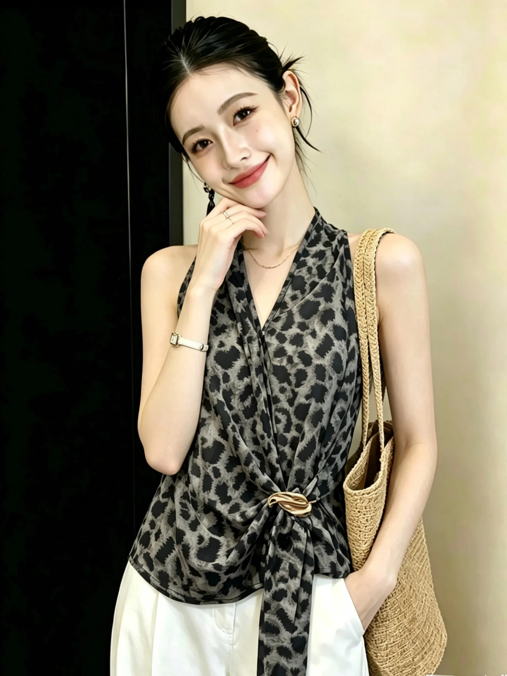 Gray Leopard Print V-Neck Sleeveless Sash Vest Women's Summer New Style Irregular Hanging Neck Shoulder Baring Top
Gray Leopard Print V-Neck Sleeveless Sash Vest Women's Summer New Style Irregular Hanging Neck Shoulder Baring Top