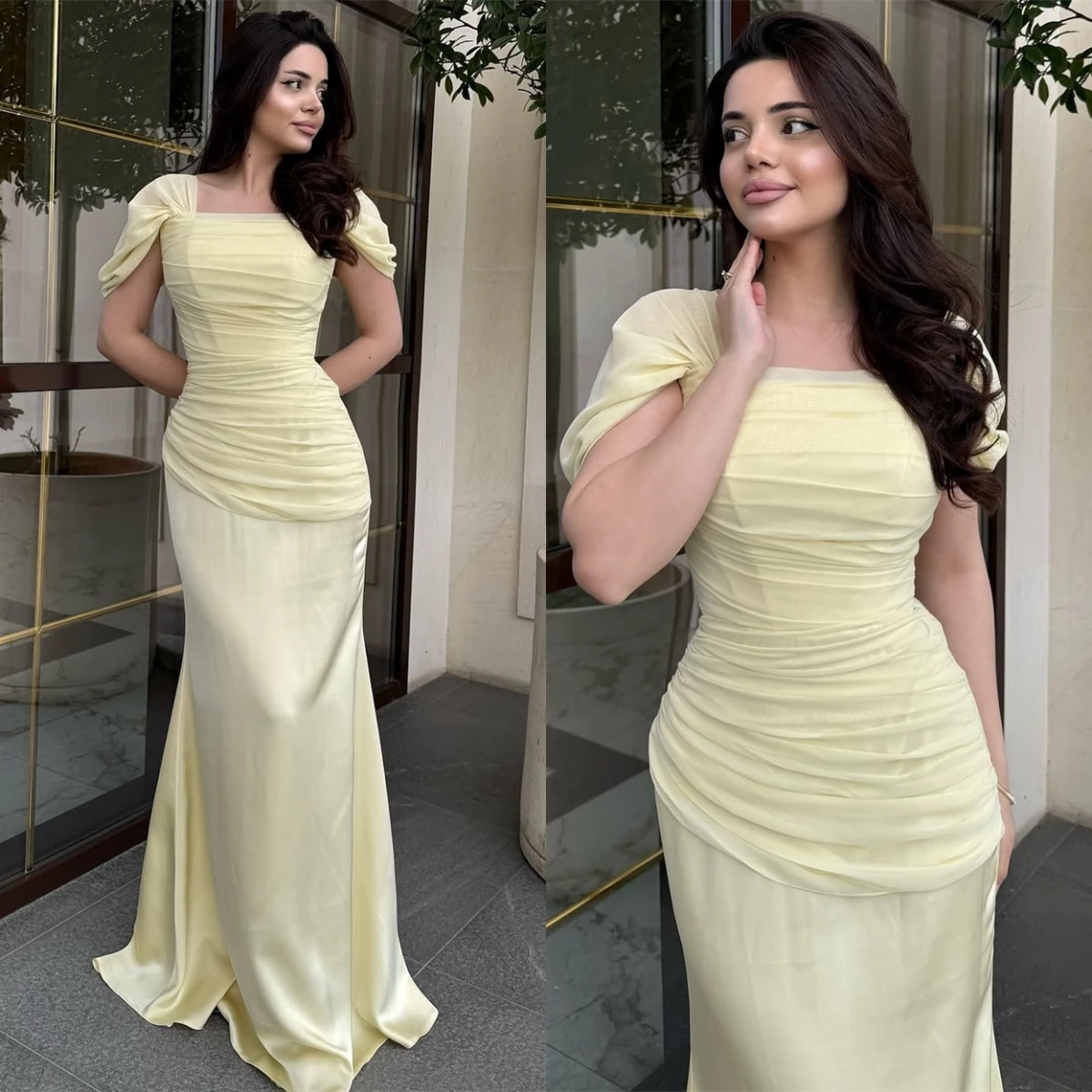 Customized Classic Yellow Satin Evening Dress Sexy Square Collar Short Sleeves Party Dress Soft Straight Sweep Train Prom Dress
Customized Classic Yellow Satin Evening Dress Sexy Square Collar Short Sleeves Party Dress Soft Straight Sweep Train Prom Dress
