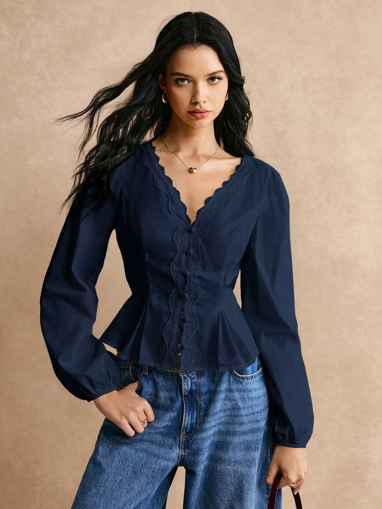 Elegant Lace Trimmed V-Neck Peplum Blouse Long Sleeve Button Front Shirt
Elegant Lace Trimmed V-Neck Peplum Blouse Long Sleeve Button Front Shirt
