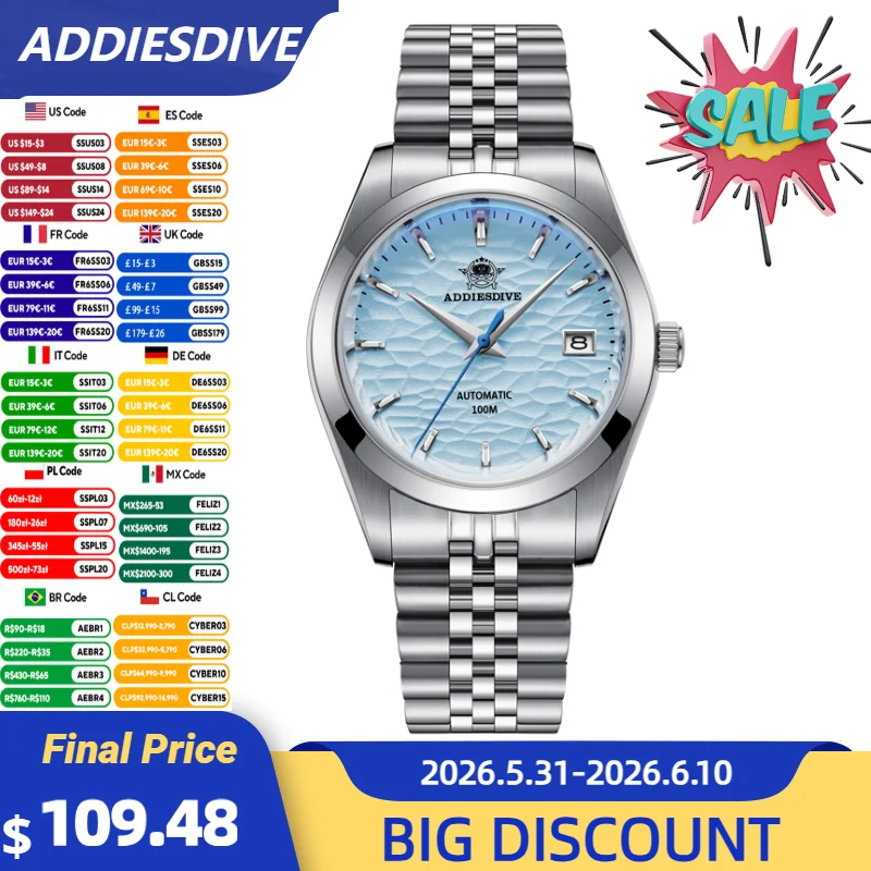 ADDIESDIVE Couple Watch Luxury Brand NH35 Automatic Mechanical 39mm Stainless Steel 10Bar Waterproof Men's and women's Watches
ADDIESDIVE Couple Watch Luxury Brand NH35 Automatic Mechanical 39mm Stainless Steel 10Bar Waterproof Men's and women's Watches