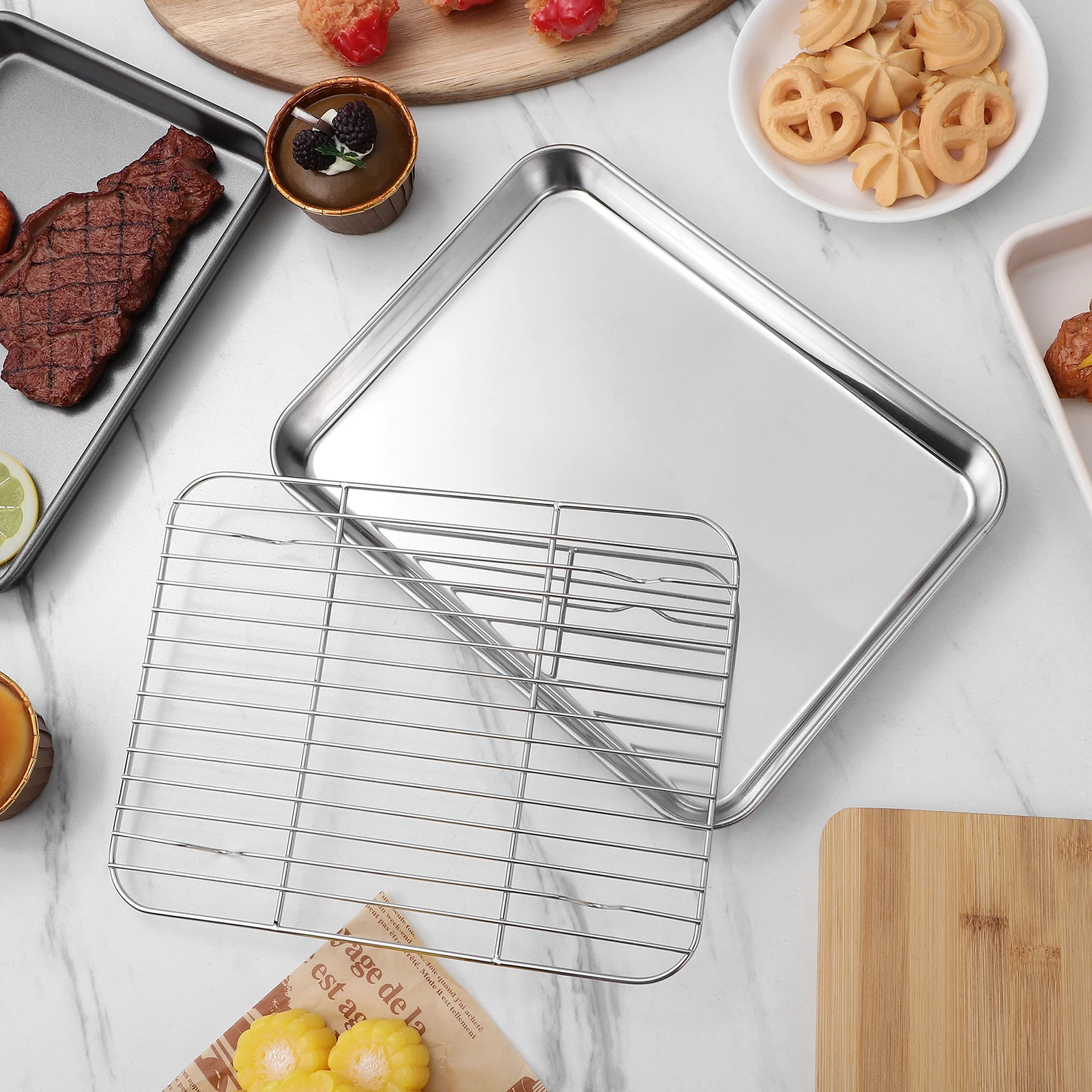 2 Pieces Stainless Steel Baking Sheet Set Rectangular Tray Removable Cooling Rack Non-Coated Dishwasher Safe Baking Pan
2 Pieces Stainless Steel Baking Sheet Set Rectangular Tray Removable Cooling Rack Non-Coated Dishwasher Safe Baking Pan