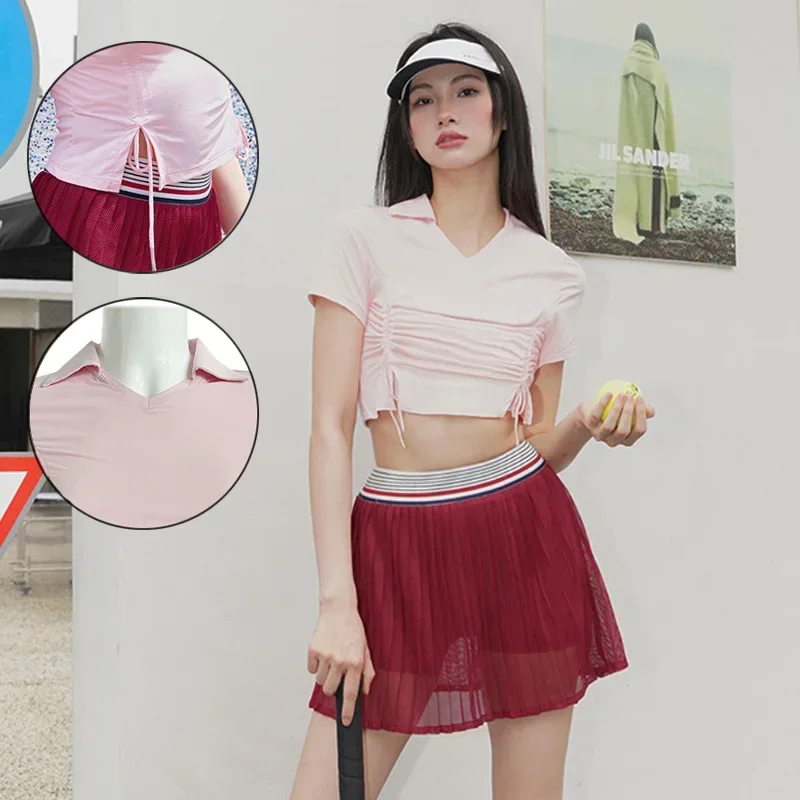 Women Breathable Tennis Short Shirt Ladies Drawstring Athletic Workout T-shirt V-neck Crop Top for Gym Fitness Tennis Sportswear
Women Breathable Tennis Short Shirt Ladies Drawstring Athletic Workout T-shirt V-neck Crop Top for Gym Fitness Tennis Sportswear