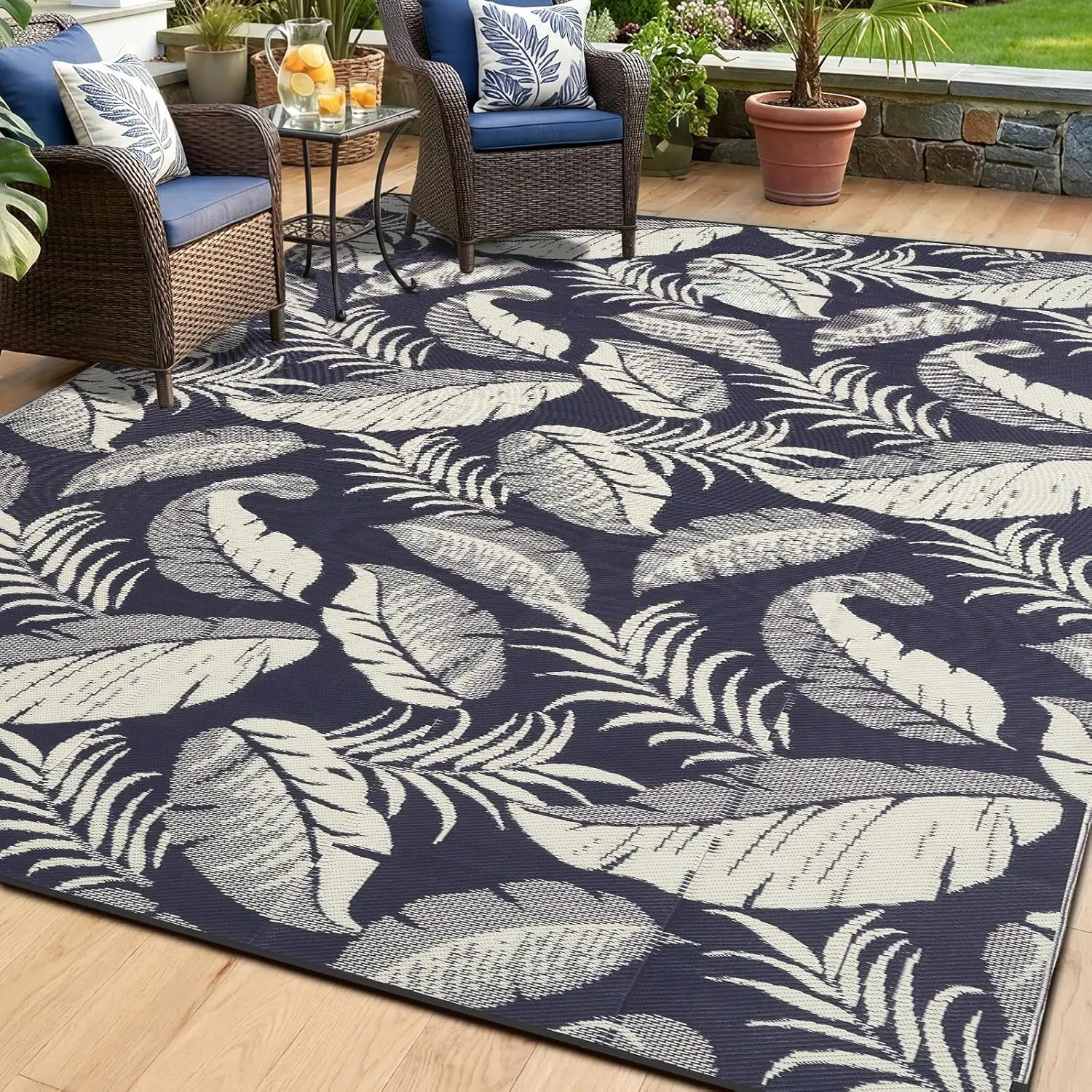 Reversible Outdoor Rug 9x12, Waterproof Plastic Straw Patio Rug, Tropical Leaf Design for Deck, Balcony, Camping, Navy/Beige
Reversible Outdoor Rug 9x12, Waterproof Plastic Straw Patio Rug, Tropical Leaf Design for Deck, Balcony, Camping, Navy/Beige
