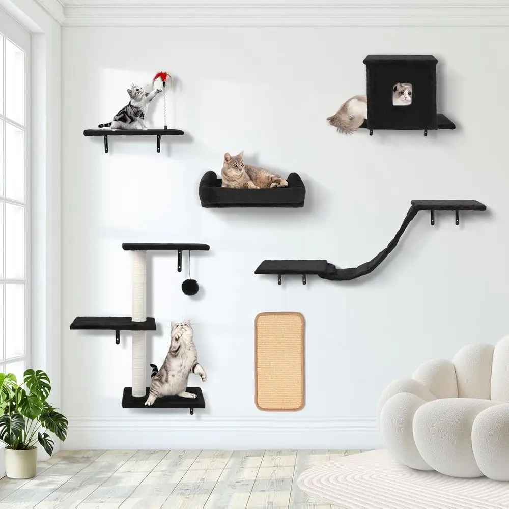 6-in-1 Cat Wall Furniture Set: Condo, Bed, Bridge, Tree, Steps, Scratching Board - Black
6-in-1 Cat Wall Furniture Set: Condo, Bed, Bridge, Tree, Steps, Scratching Board - Black