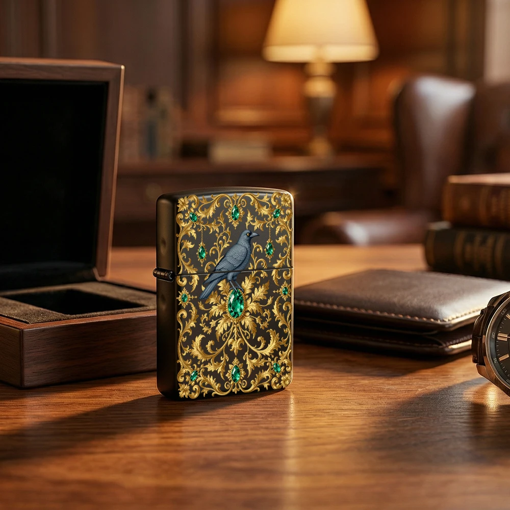 Gothic Raven Flip - Top Lighter, Emerald Green Gem Gold Scroll Pattern, Vintage Decor for Men's Cigarette Case
Gothic Raven Flip - Top Lighter, Emerald Green Gem Gold Scroll Pattern, Vintage Decor for Men's Cigarette Case
