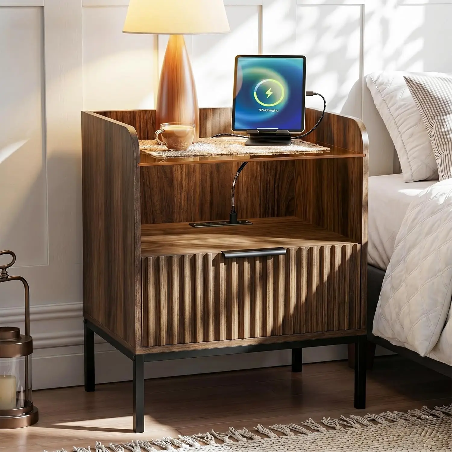 Mid Century Modern Nightstand With Charging Station, Fluted Night Stand, Bedside Table With Glass Top & Metal Legs,, Customized
Mid Century Modern Nightstand With Charging Station, Fluted Night Stand, Bedside Table With Glass Top & Metal Legs,, Customized