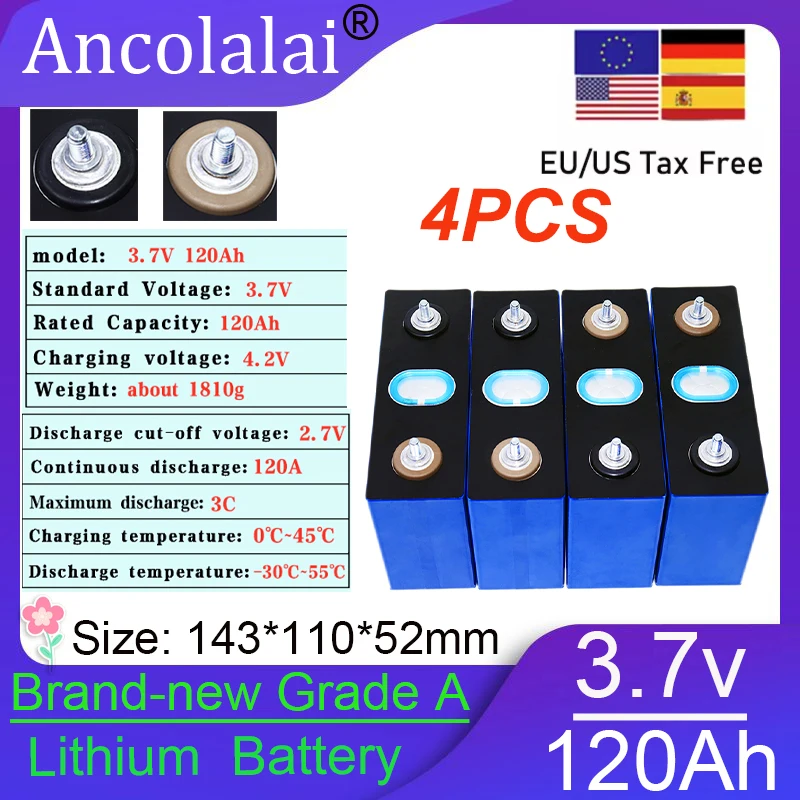 4PCS 3.7V 120Ah lithium-ion battery with large capacity DIY 12V24V suitable for electric vehicles, yachts, and solar inverters
4PCS 3.7V 120Ah lithium-ion battery with large capacity DIY 12V24V suitable for electric vehicles, yachts, and solar inverters