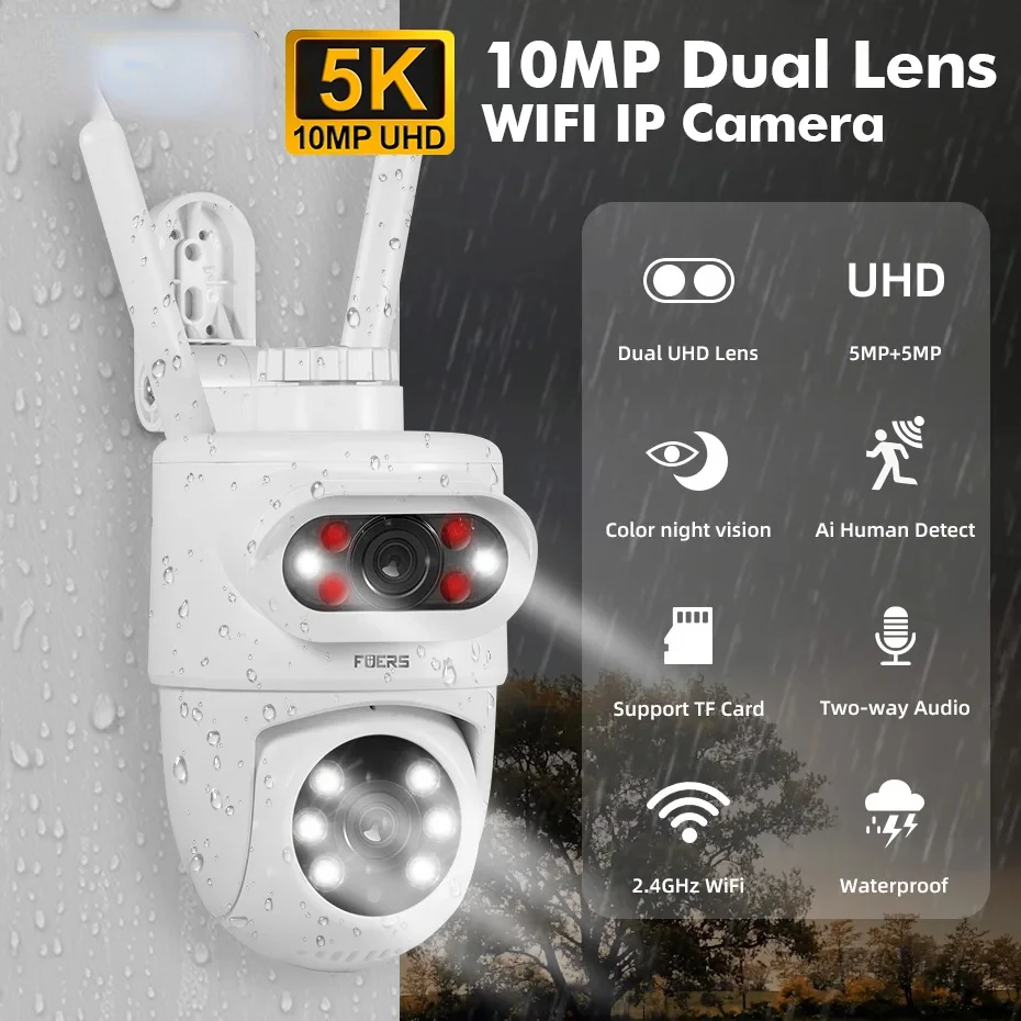 FUERS 5K 10MP Dual Lens IP Camera Tuya Smart Home Security Auto Tracking Wireless Alarm WIFI CCTV Surveillance Outdoor Camera
FUERS 5K 10MP Dual Lens IP Camera Tuya Smart Home Security Auto Tracking Wireless Alarm WIFI CCTV Surveillance Outdoor Camera