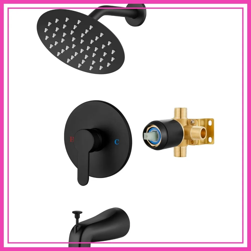 Complete Shower Faucet Set with Tub Spout, Round Rainfall Shower Head, Solid Brass Rough-In Valve, 6 Inch Matte Black
Complete Shower Faucet Set with Tub Spout, Round Rainfall Shower Head, Solid Brass Rough-In Valve, 6 Inch Matte Black