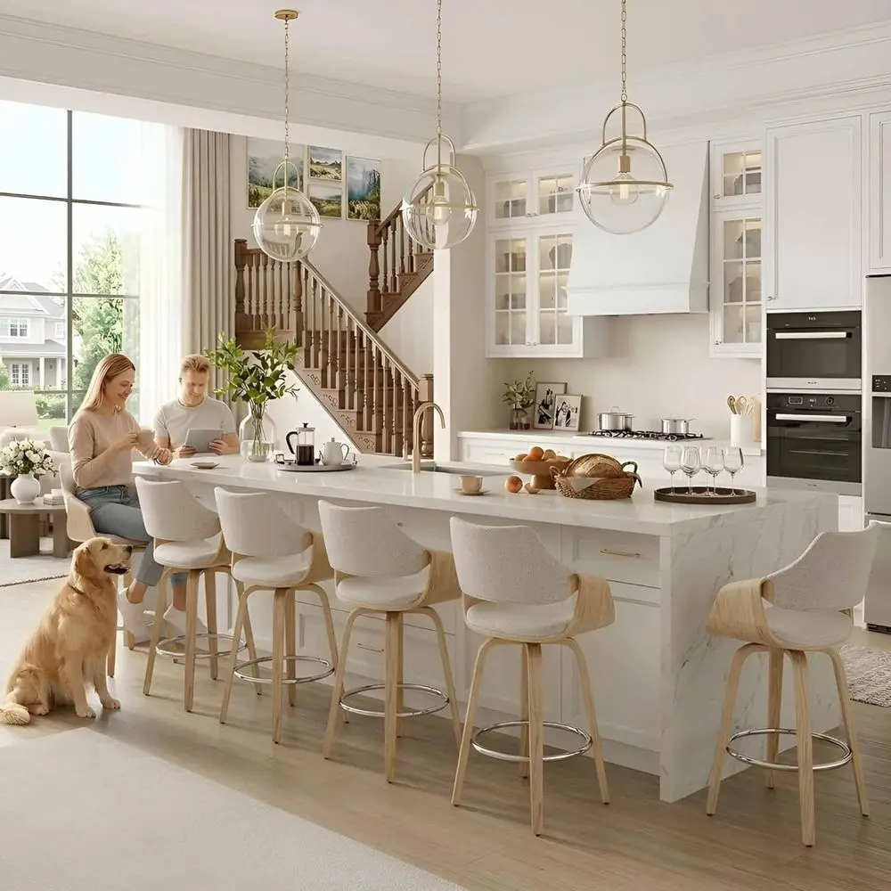 Set of 6 Beige Chenille Upholstered Swivel Counter Stools with Backs for Kitchen Island
Set of 6 Beige Chenille Upholstered Swivel Counter Stools with Backs for Kitchen Island