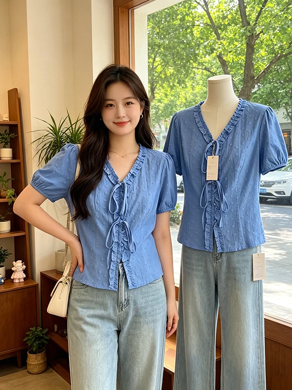 plus Size Blue V-Neck Splice Short Sleeve Shirt Women Slimming Stylish Summer 2026 Korean Style Commute Wind Top
plus Size Blue V-Neck Splice Short Sleeve Shirt Women Slimming Stylish Summer 2026 Korean Style Commute Wind Top