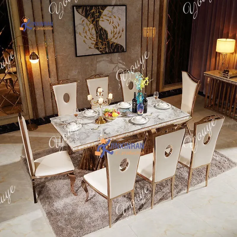 A36 Stainless Steel Gold Frame Dinning Table Set Modern Luxury Marble Top 8 Seat Dining Table Set
A36 Stainless Steel Gold Frame Dinning Table Set Modern Luxury Marble Top 8 Seat Dining Table Set