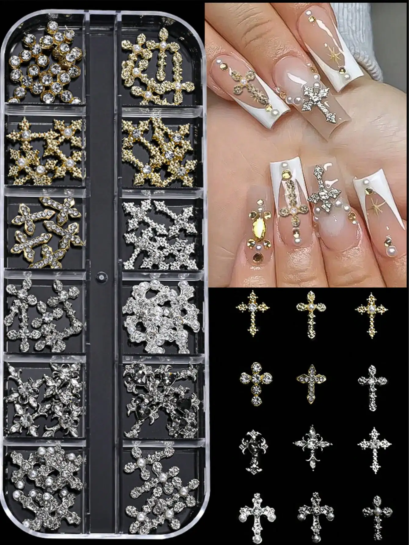 12pcs/Box Y2K Mixed Style 3D Nail Rhinestones, Punk Gothic Cross Alloy Nail Art Decorations. Mixed 3D Nail Art Decor Supplies for DIY Manicure.
12pcs/Box Y2K Mixed Style 3D Nail Rhinestones, Punk Gothic Cross Alloy Nail Art Decorations. Mixed 3D Nail Art Decor Supplies for DIY Manicure.