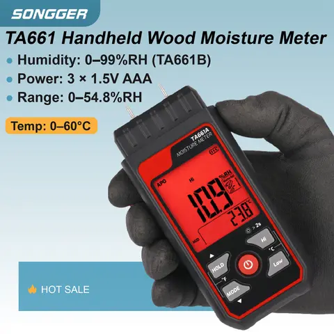 Handheld Digital Wood Moisture Meter for Flooring Battery Powered 0 to 54.8% RH 0- 60℃ 0-99% Humidity Hi Lo Alarm Hold 3 AAA