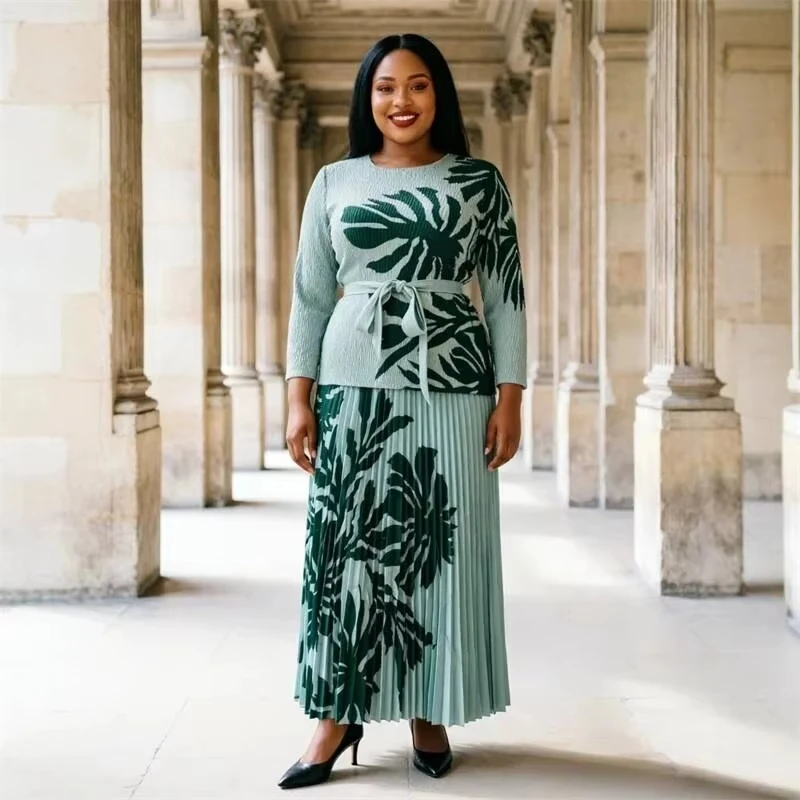ANLAN Tropical Leaf Print Pleated Women's Two Piece Set Long Sleeve Belted T-shirt And Elastic Waist Midi Skirt Casual 7AN9081
ANLAN Tropical Leaf Print Pleated Women's Two Piece Set Long Sleeve Belted T-shirt And Elastic Waist Midi Skirt Casual 7AN9081