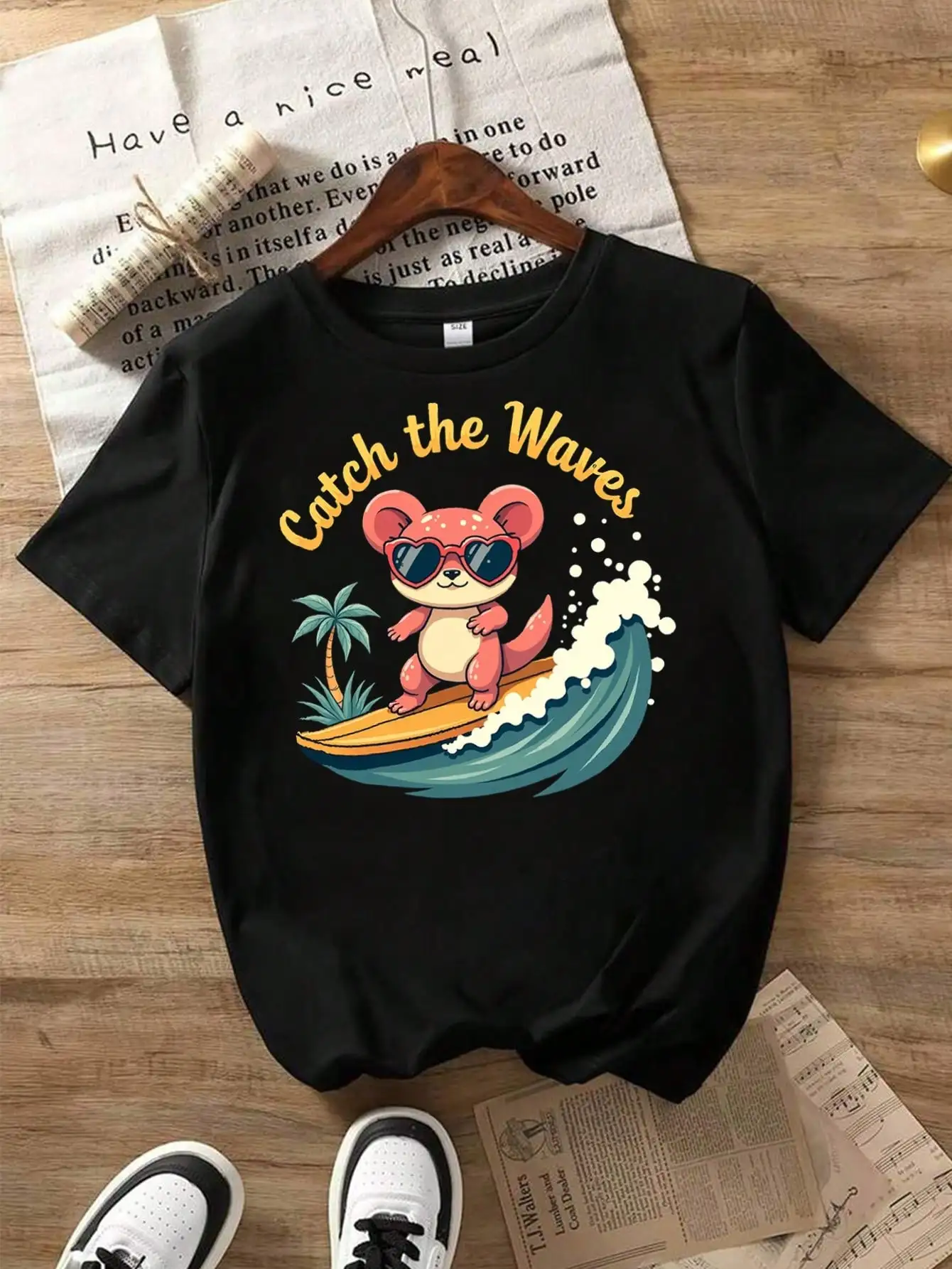 Surfing Bear Cotton T-Shirt, Black Tee With Surfing Bear And Wave, Catch The Waves Summer Tops
Surfing Bear Cotton T-Shirt, Black Tee With Surfing Bear And Wave, Catch The Waves Summer Tops