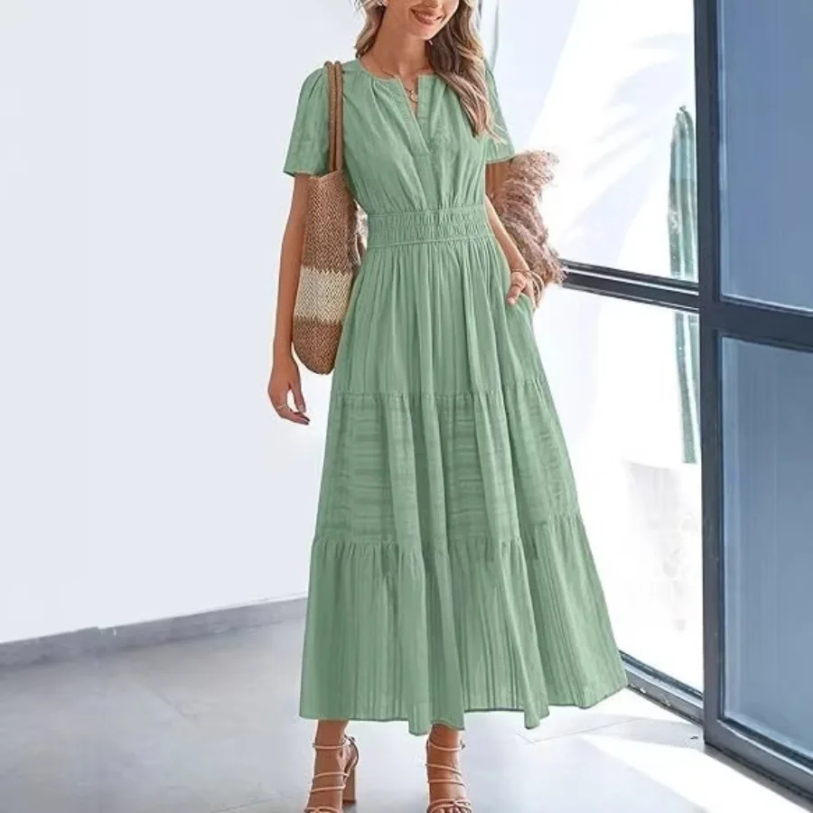 【New style】2026 summer new women's clothing V-neck temperament dress, solid color big skirt, bubble sleeve long dress
【New style】2026 summer new women's clothing V-neck temperament dress, solid color big skirt, bubble sleeve long dress