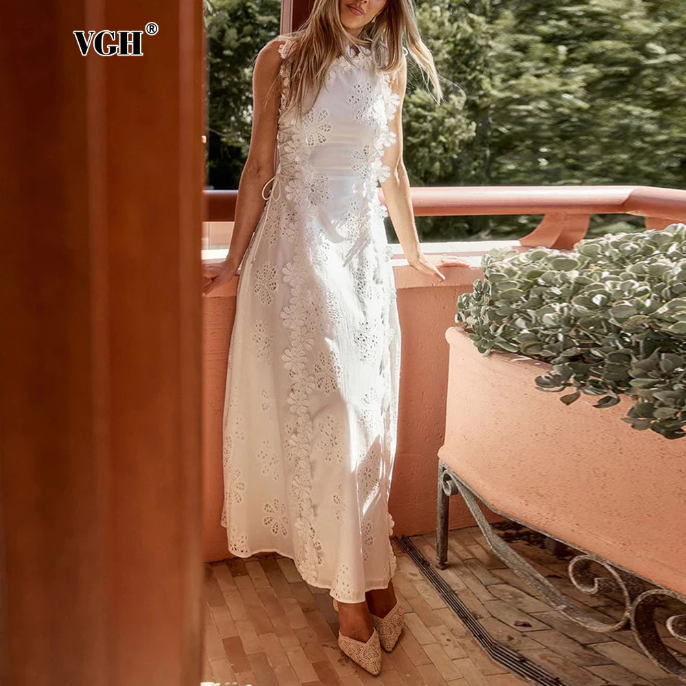 VGH Elegant Solid Spliced Appliques Long Dresses for Women Round Neck Sleeveless High Waist Temperament Dress Female Fashion New
VGH Elegant Solid Spliced Appliques Long Dresses for Women Round Neck Sleeveless High Waist Temperament Dress Female Fashion New
